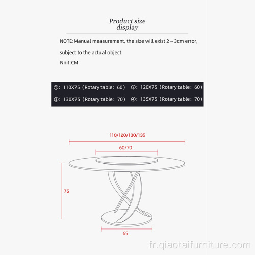 Table de salle à manger ronde en marbre de fer de luxe avec plateau tournant